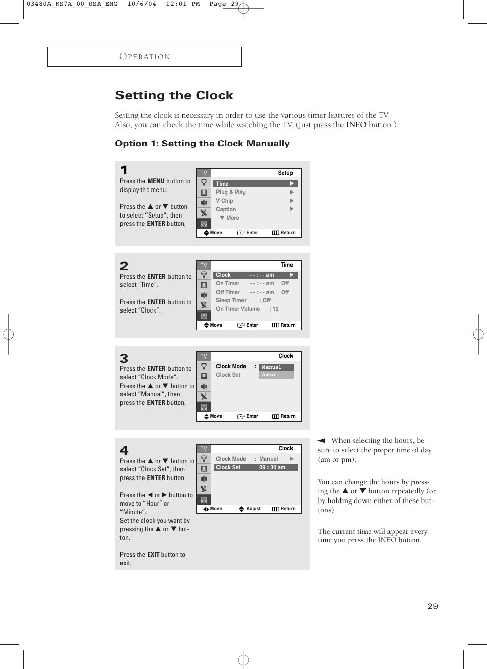 Setting the clock | Samsung TXP2730S-XAA User Manual | Page 29 / 63