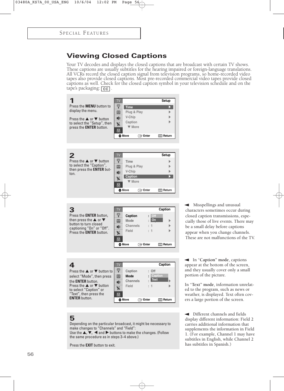 Viewing closed captions | Samsung TXP2730S-XAA User Manual | Page 56 / 63