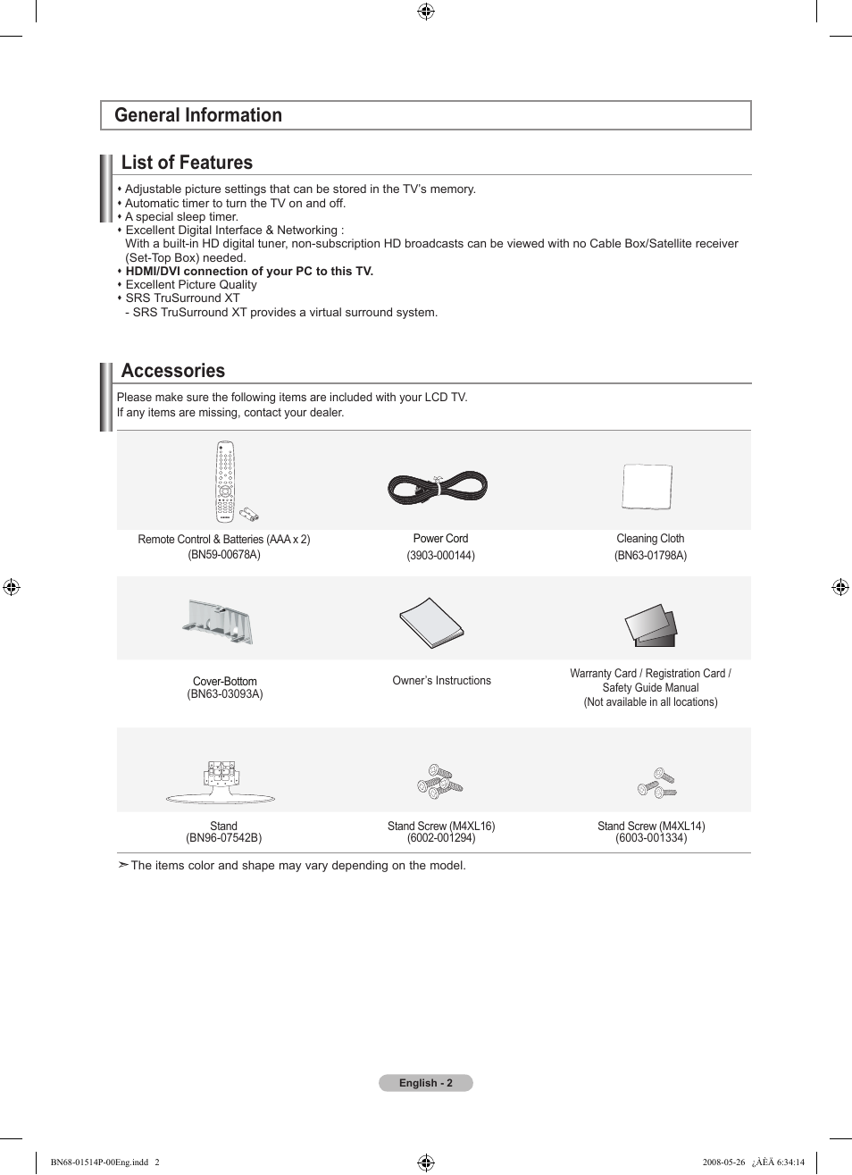 General information, List of features, Accessories | General information list of features | Samsung LN32A330J1NXZA User Manual | Page 4 / 62
