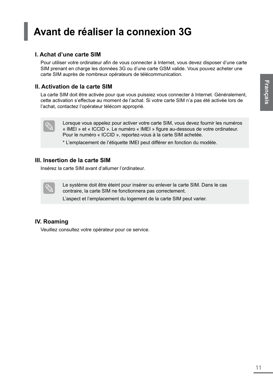 Avant de réaliser la connexion 3g | Samsung XE550C22-A01US User Manual | Page 11 / 87