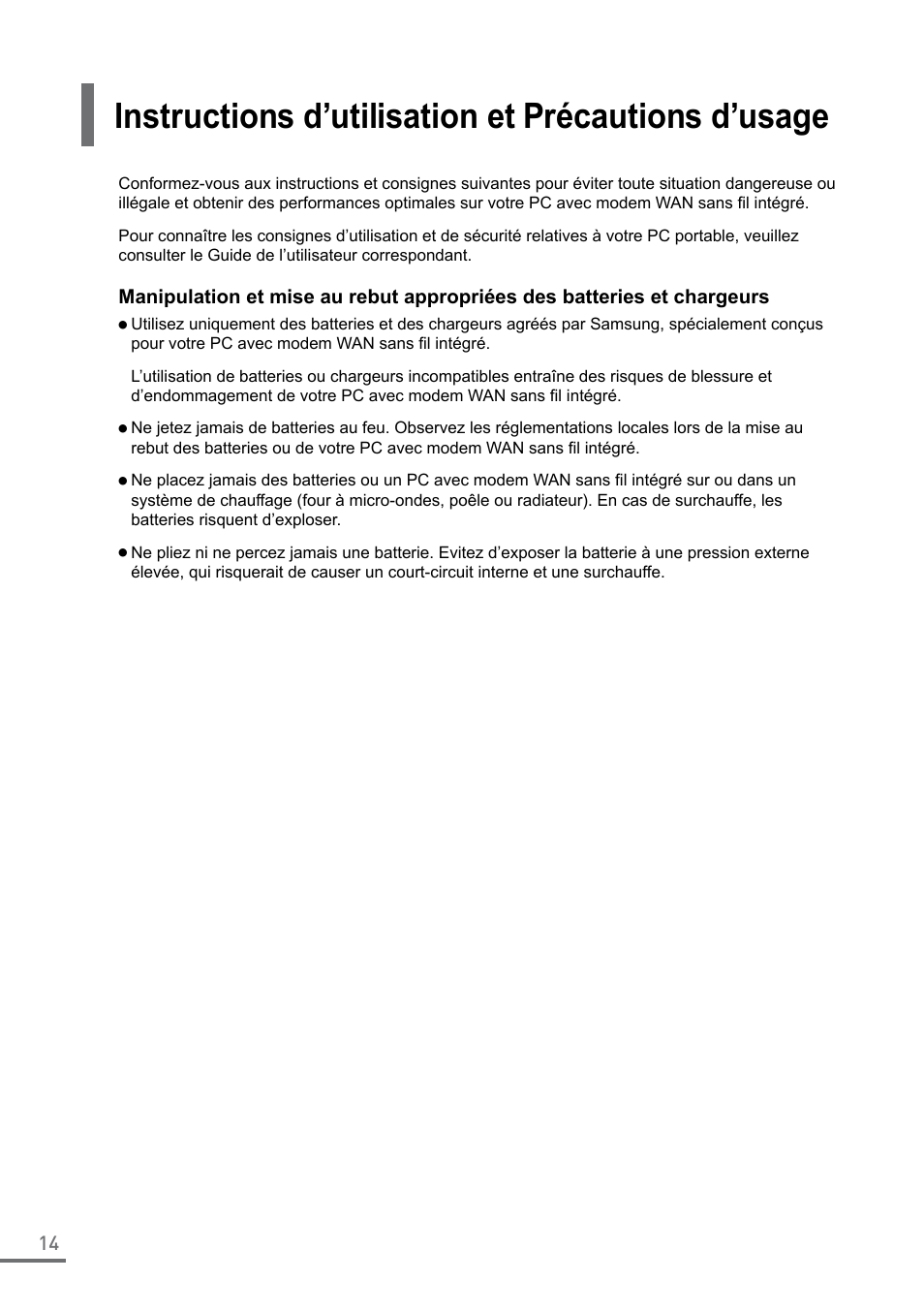 Instructions d’utilisation et précautions d’usage | Samsung XE550C22-A01US User Manual | Page 14 / 87