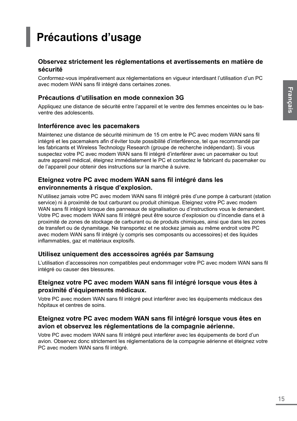 Précautions d’usage | Samsung XE550C22-A01US User Manual | Page 15 / 87