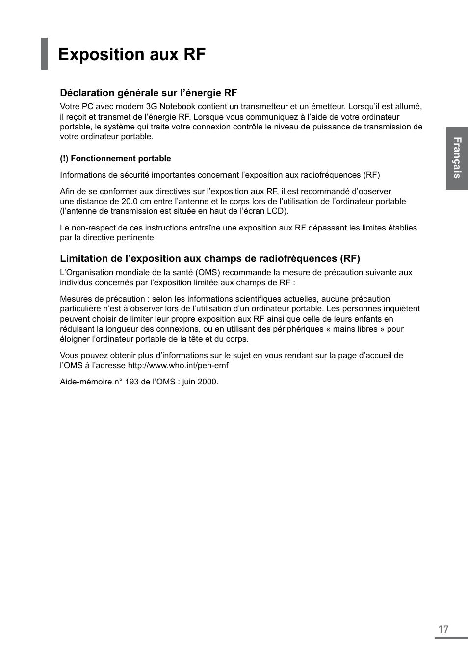 Exposition aux rf | Samsung XE550C22-A01US User Manual | Page 17 / 87