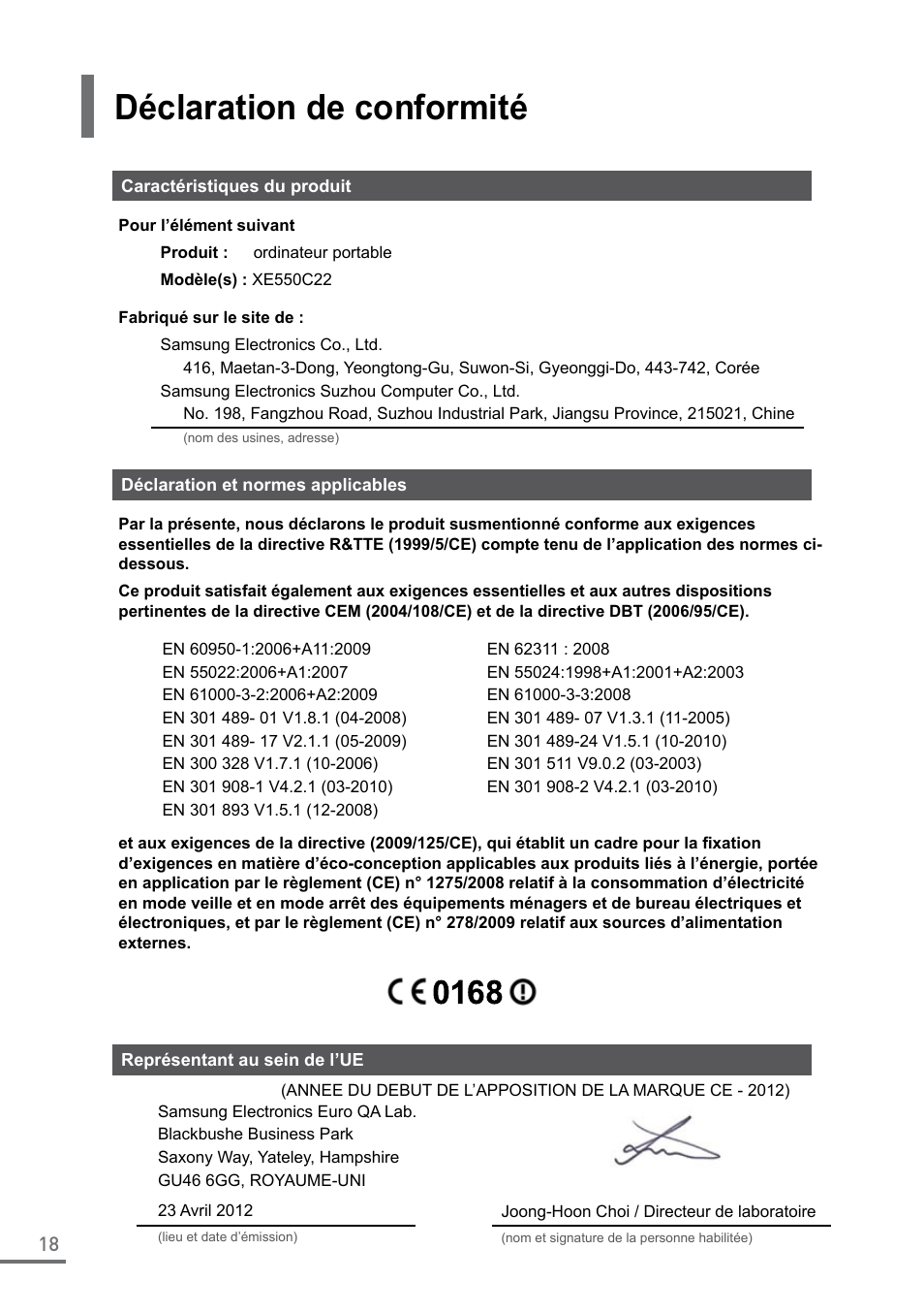 Déclaration de conformité | Samsung XE550C22-A01US User Manual | Page 18 / 87