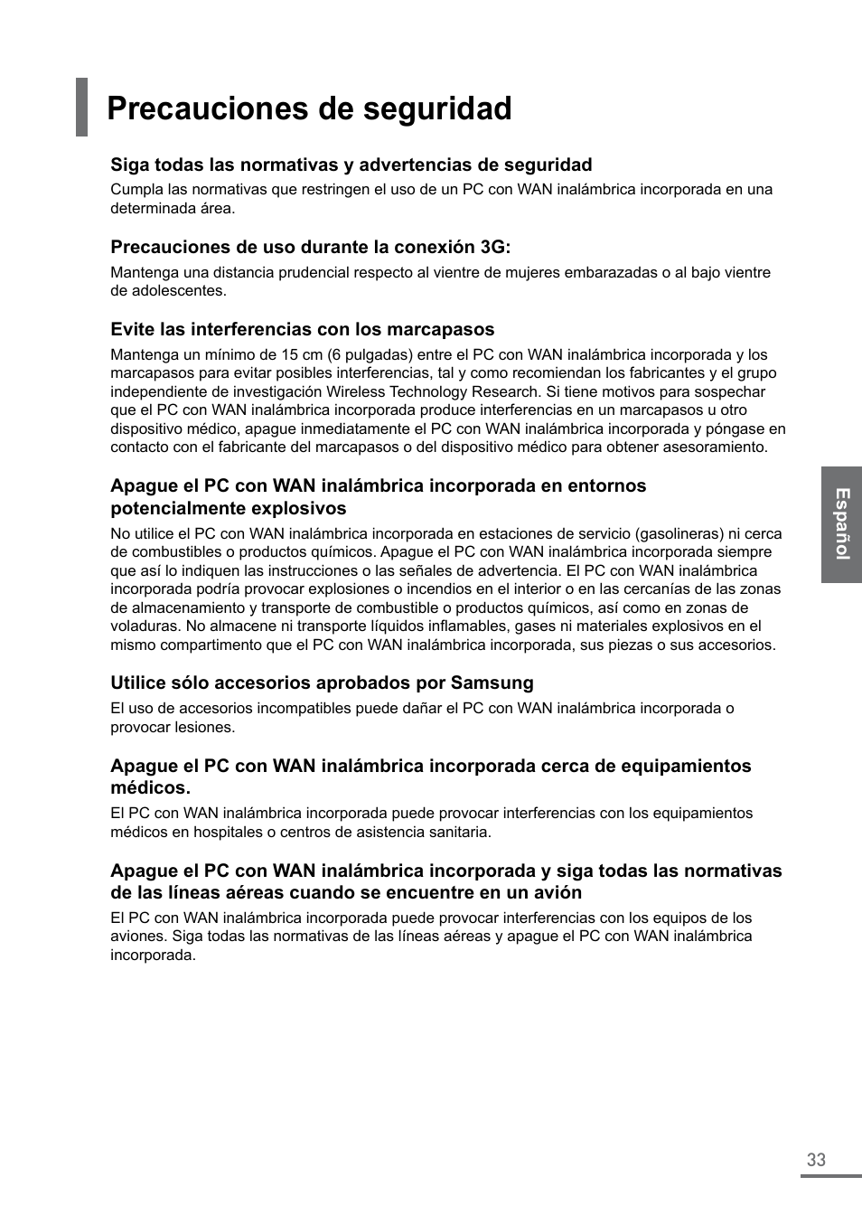 Precauciones de seguridad | Samsung XE550C22-A01US User Manual | Page 33 / 87