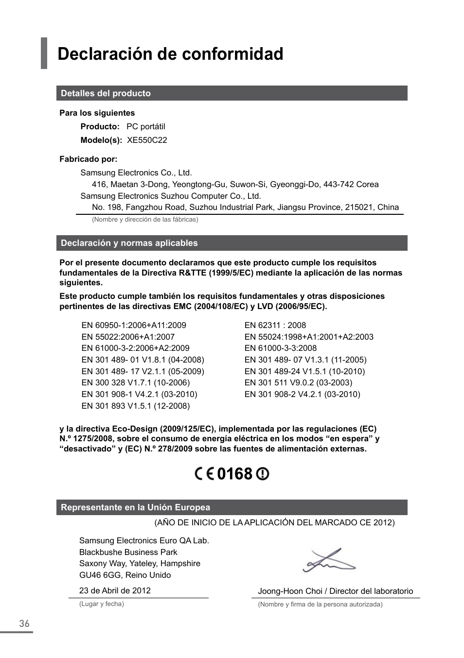 Declaración de conformidad, Guida alla connessione 3g | Samsung XE550C22-A01US User Manual | Page 36 / 87