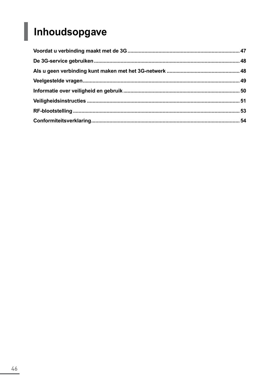 Nederlands, Inhoudsopgave, Handleiding verbinding 3g | Samsung XE550C22-A01US User Manual | Page 46 / 87