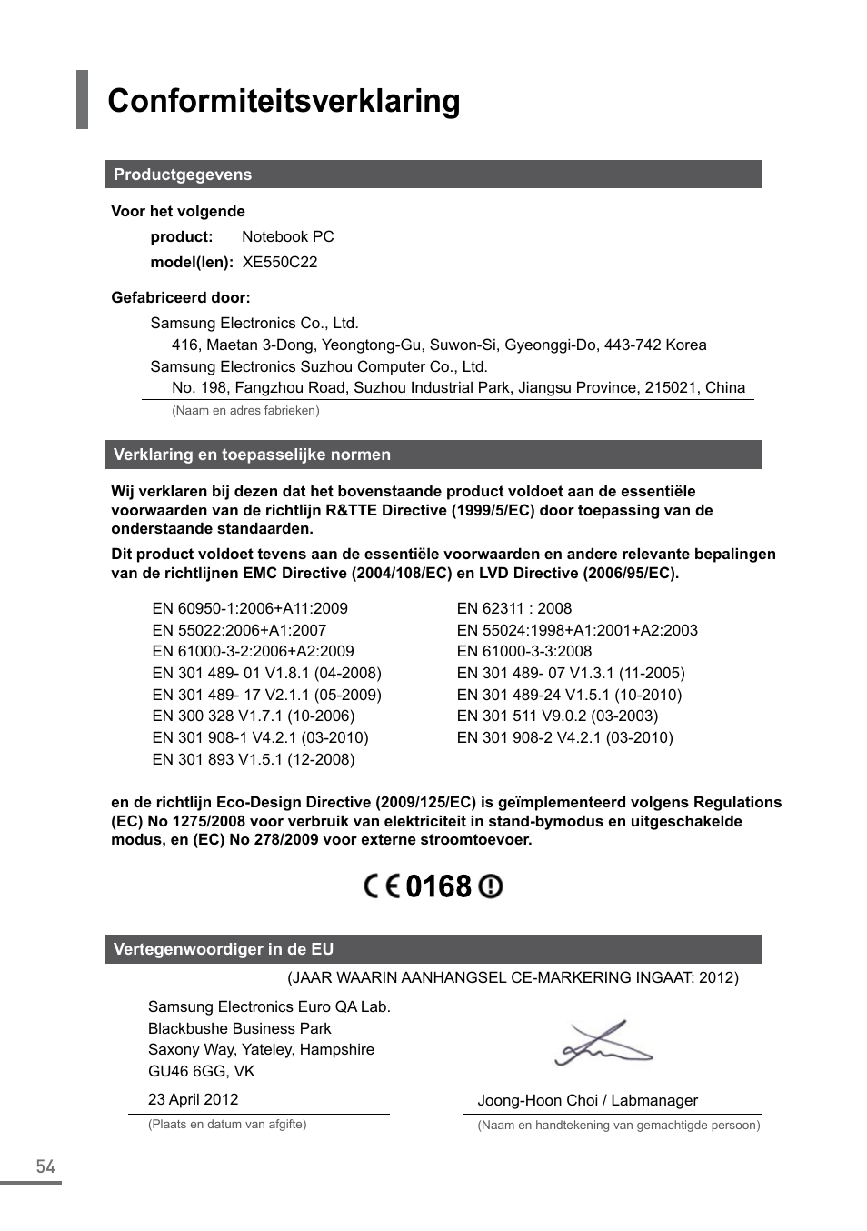 Conformiteitsverklaring | Samsung XE550C22-A01US User Manual | Page 54 / 87