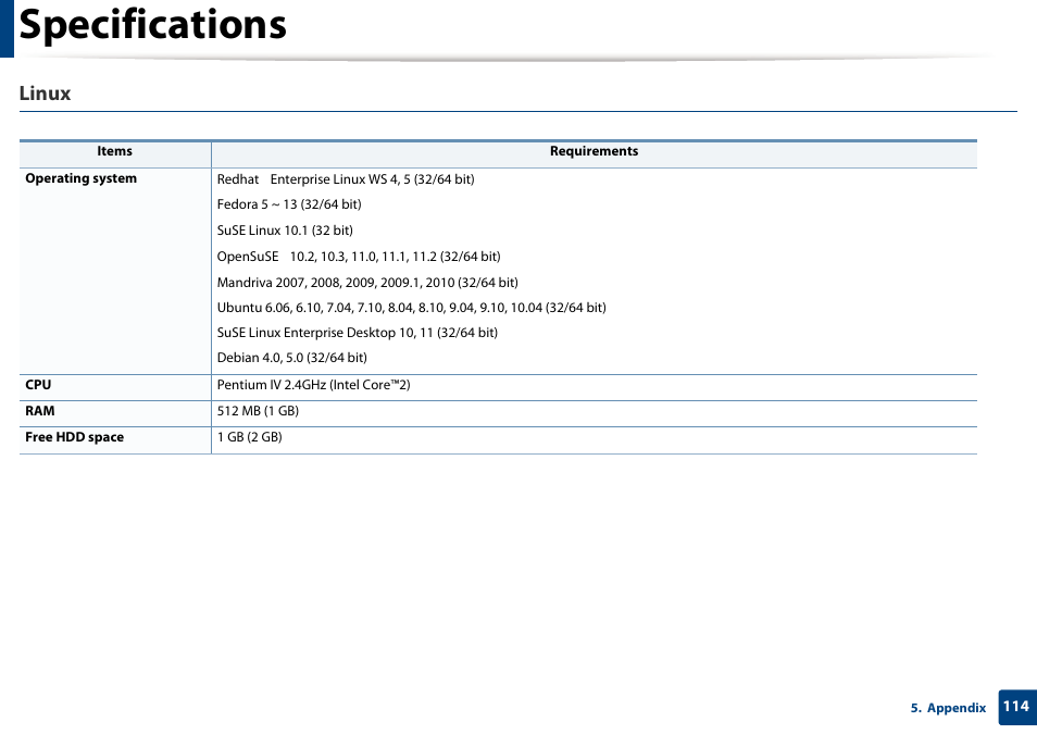 Specifications, Linux | Samsung SCX-3405W-XAC User Manual | Page 114 / 331