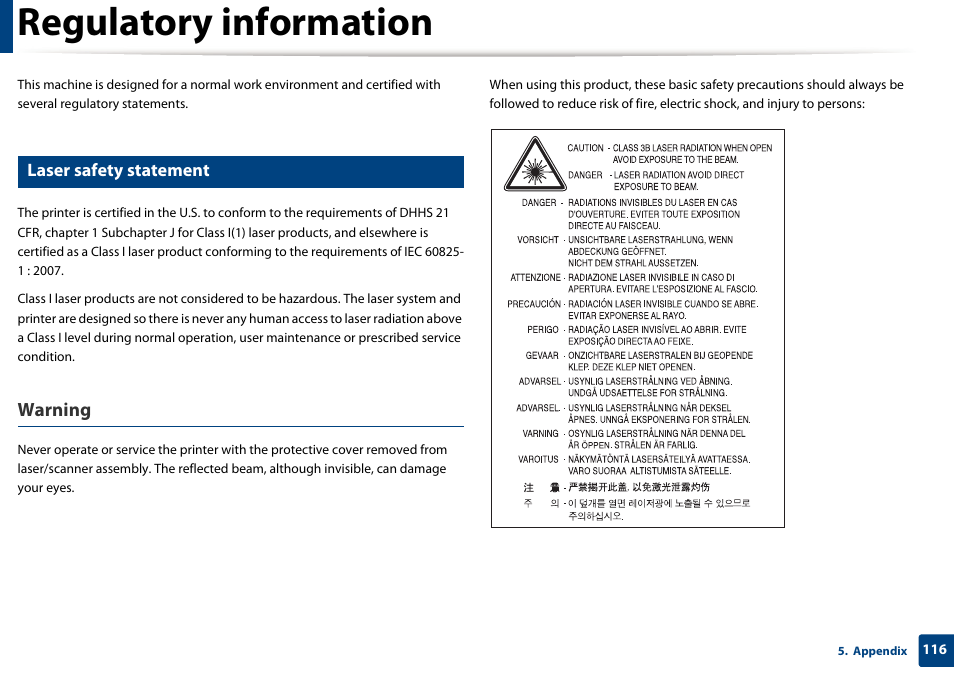 Regulatory information, Warning, Laser safety statement | Samsung SCX-3405W-XAC User Manual | Page 116 / 331