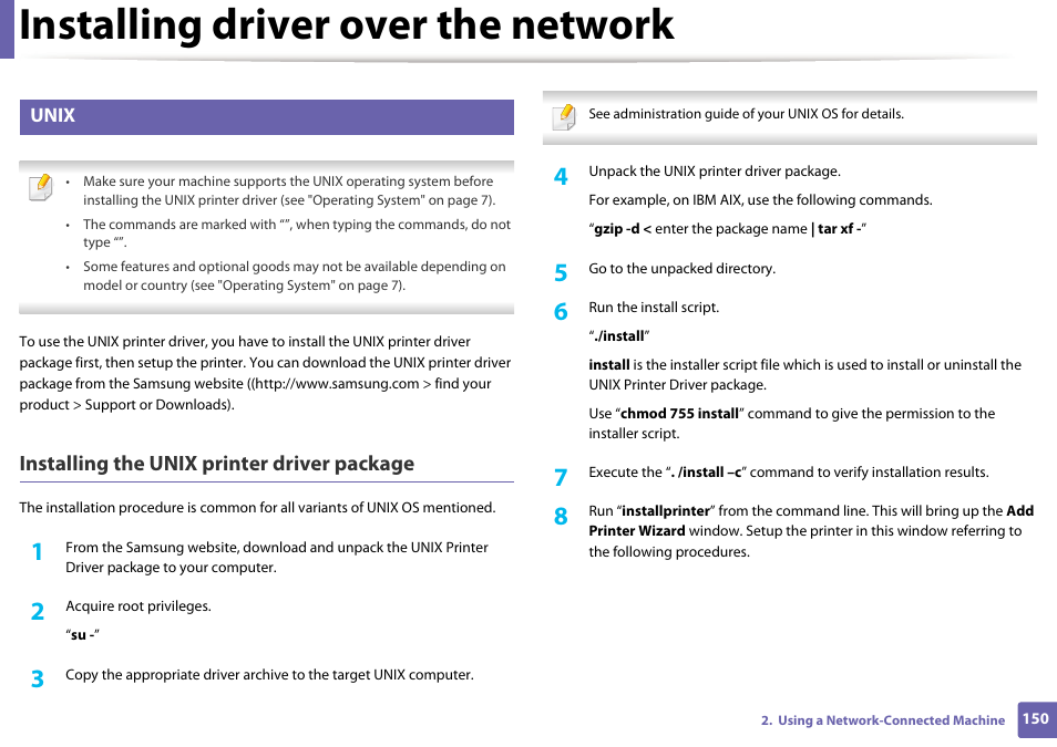 Installing driver over the network, Installing the unix printer driver package, Unix | Samsung SCX-3405W-XAC User Manual | Page 150 / 331