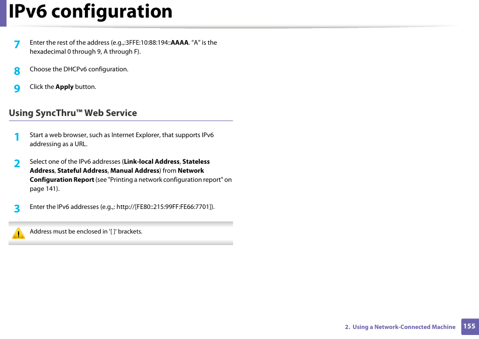 Ipv6 configuration | Samsung SCX-3405W-XAC User Manual | Page 155 / 331