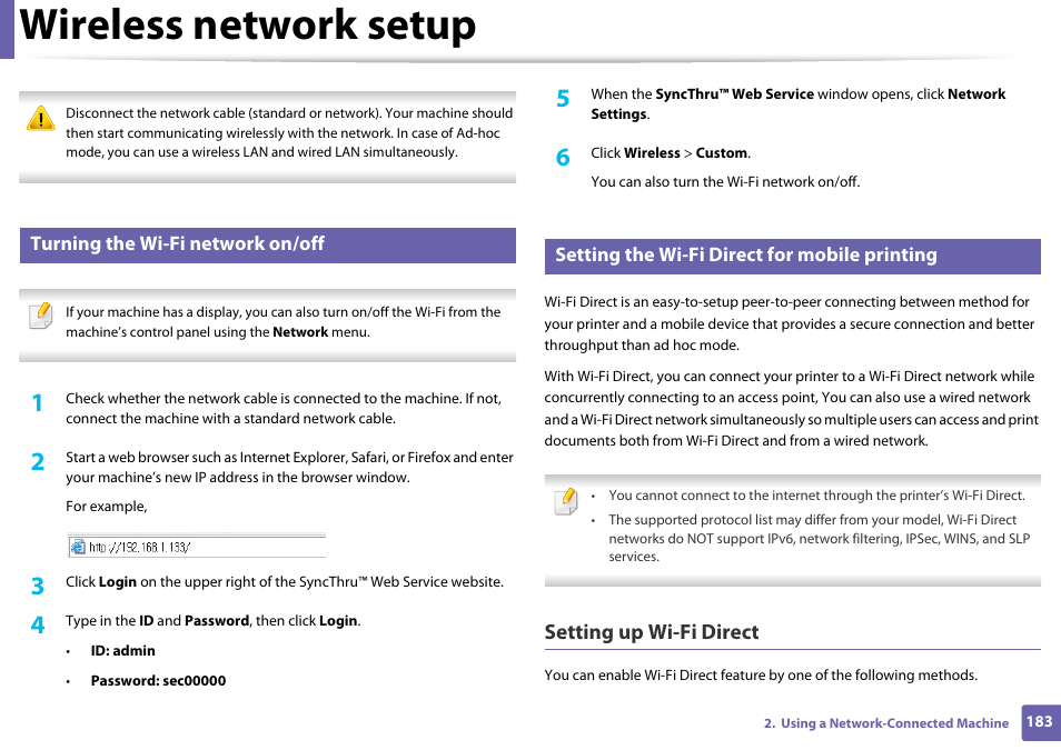 Wireless network setup, Setting up wi-fi direct, Turning the wi-fi network on/off | Setting the wi-fi direct for mobile printing | Samsung SCX-3405W-XAC User Manual | Page 183 / 331