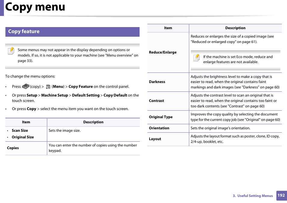 Copy menu, Copy feature | Samsung SCX-3405W-XAC User Manual | Page 192 / 331