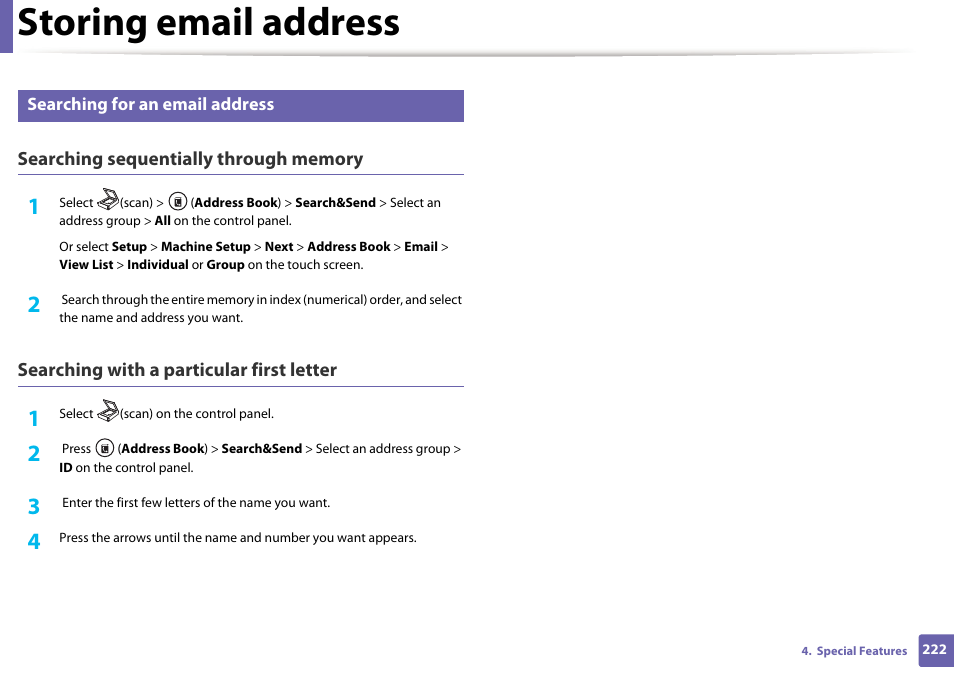 Storing email address | Samsung SCX-3405W-XAC User Manual | Page 222 / 331