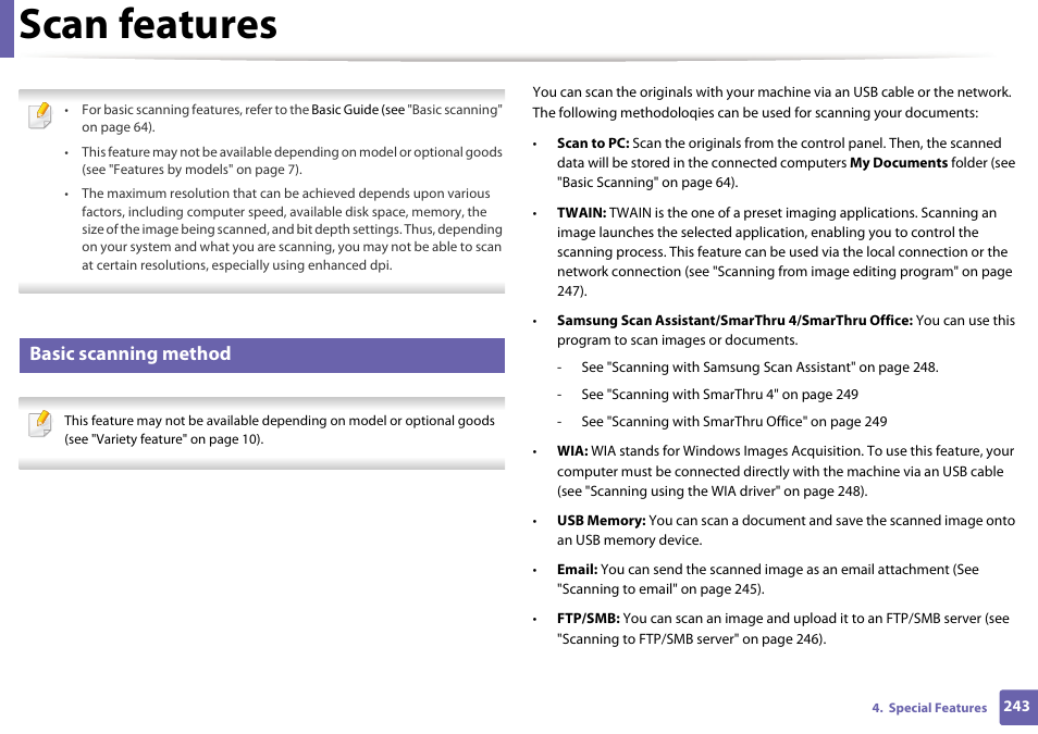 Scan features, Basic scanning method | Samsung SCX-3405W-XAC User Manual | Page 243 / 331