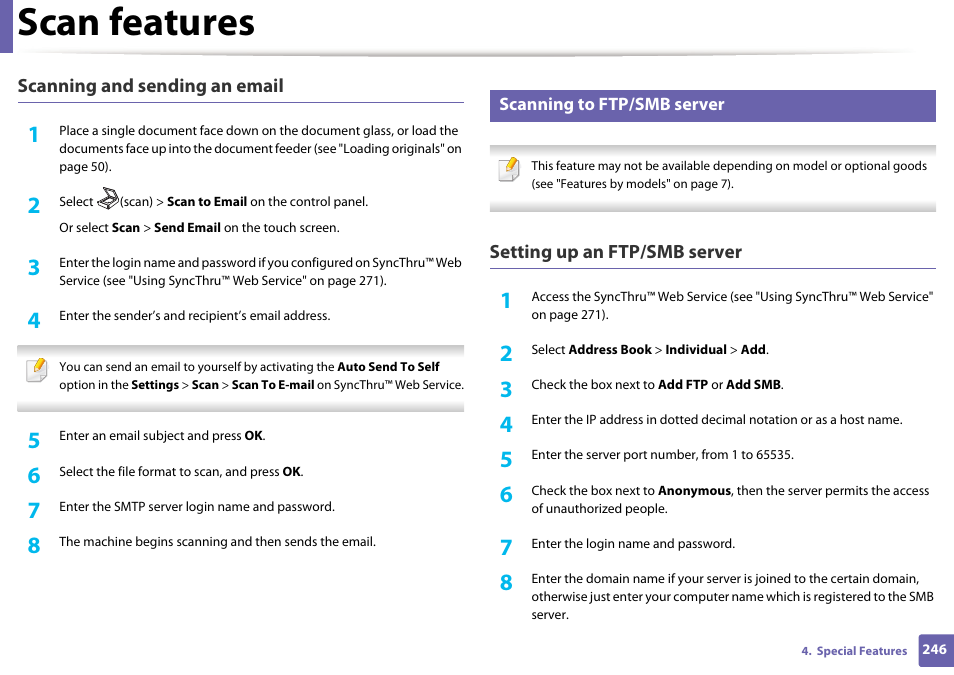 Scan features | Samsung SCX-3405W-XAC User Manual | Page 246 / 331