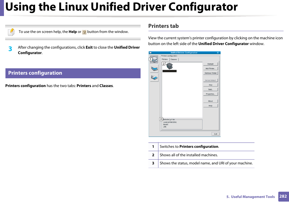 Using the linux unified driver configurator, Printers tab, Printers configuration | Samsung SCX-3405W-XAC User Manual | Page 282 / 331