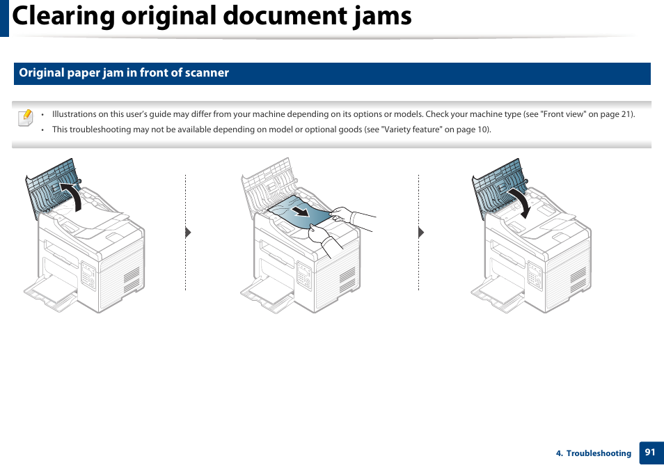 Clearing original document jams, Original paper jam in front of scanner | Samsung SCX-3405W-XAC User Manual | Page 91 / 331