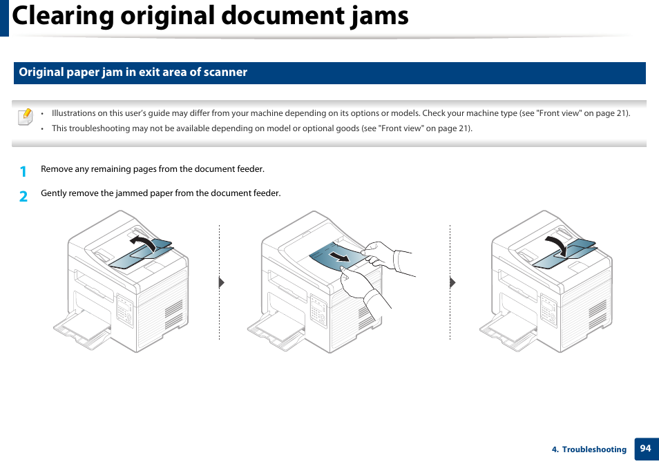 Clearing original document jams, Original paper jam in exit area of scanner | Samsung SCX-3405W-XAC User Manual | Page 94 / 331