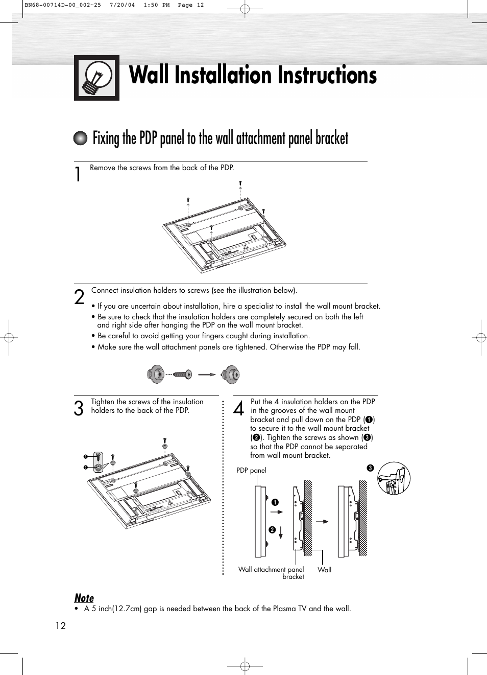 Wall installation instructions | Samsung PL50D4HX-STR User Manual | Page 12 / 112