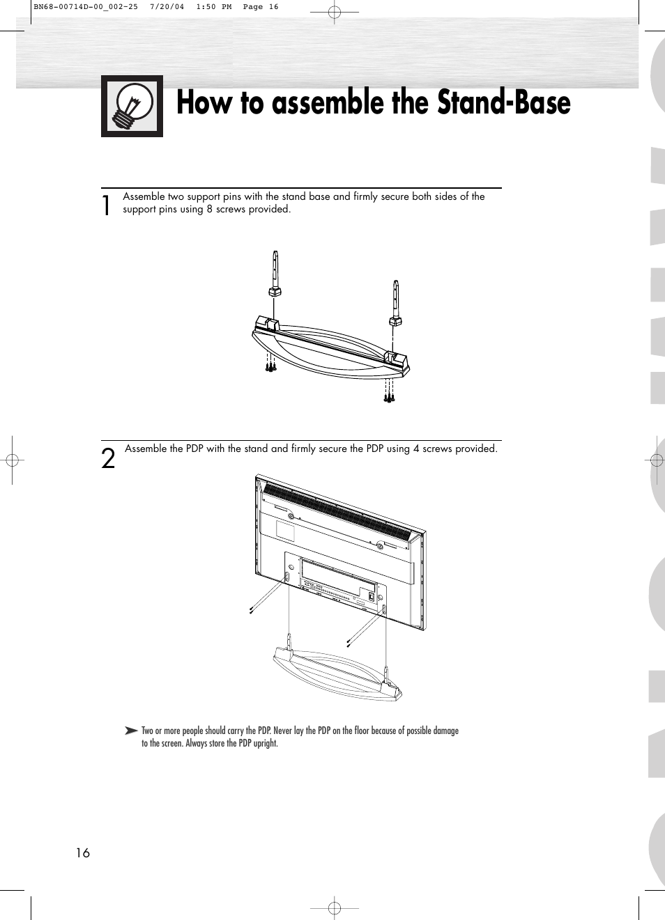 How to assemble the stand-base | Samsung PL50D4HX-STR User Manual | Page 16 / 112