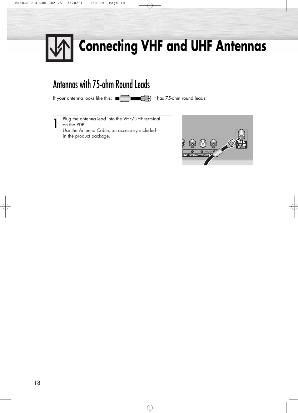 Connecting vhf and uhf antennas, Antennas with 75-ohm round leads | Samsung PL50D4HX-STR User Manual | Page 18 / 112