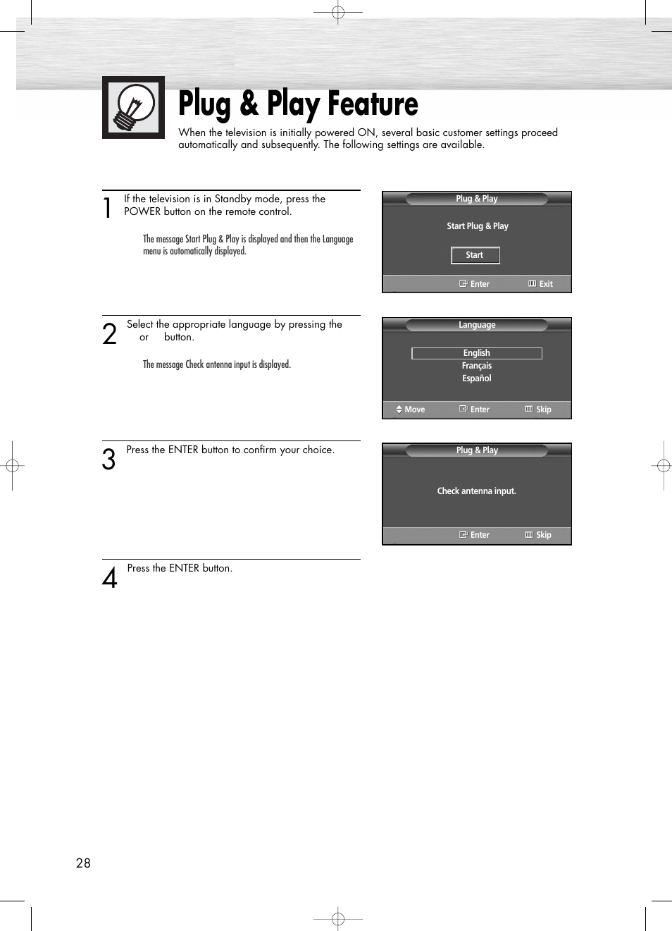 Plug & play feature | Samsung PL50D4HX-STR User Manual | Page 28 / 112