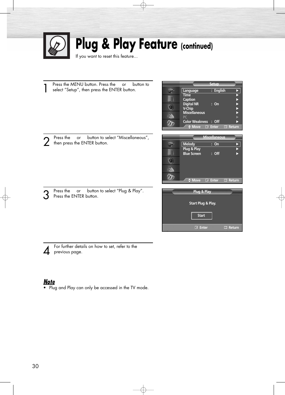 Plug & play feature, Continued) | Samsung PL50D4HX-STR User Manual | Page 30 / 112