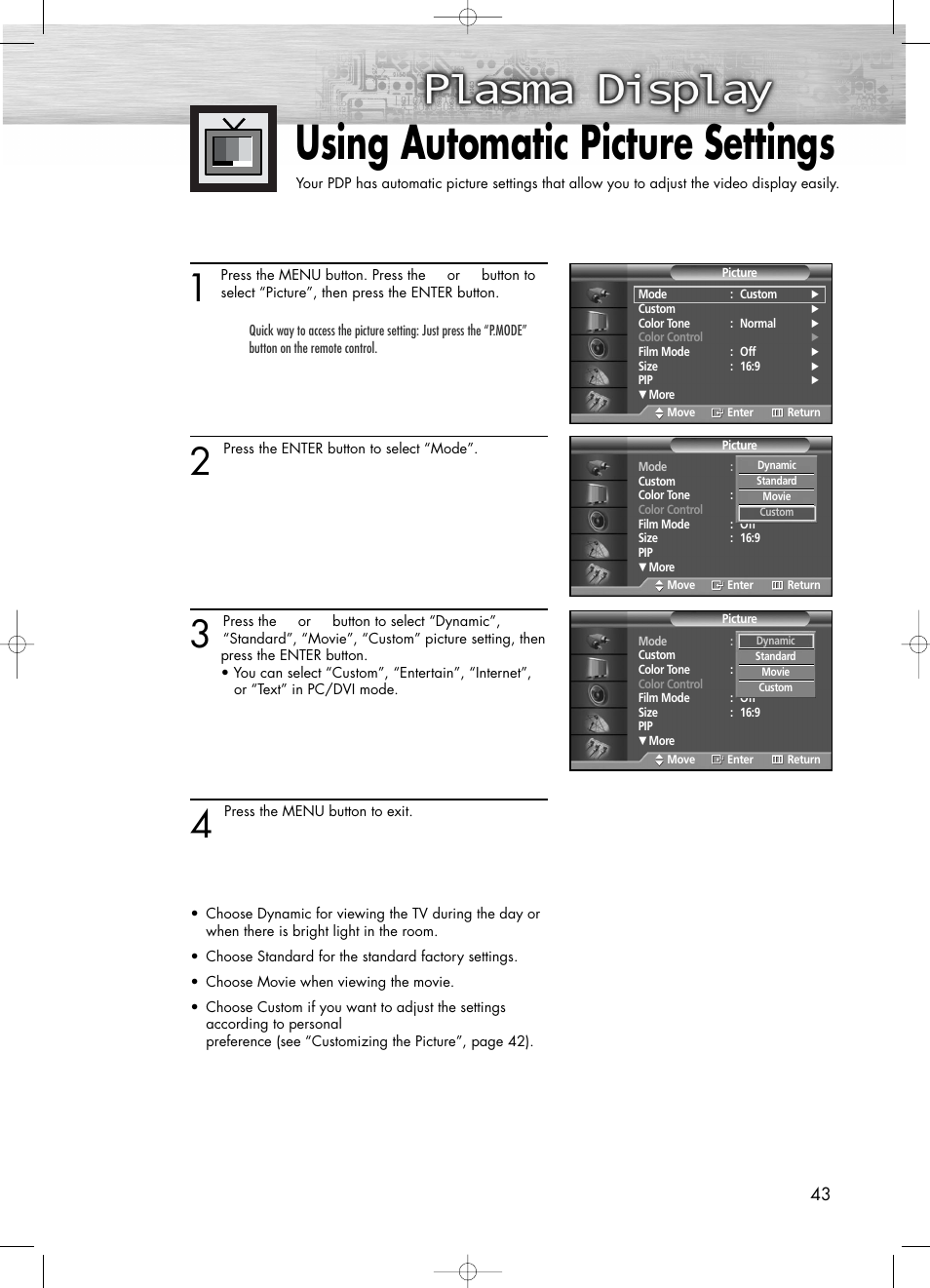Using automatic picture settings | Samsung PL50D4HX-STR User Manual | Page 43 / 112