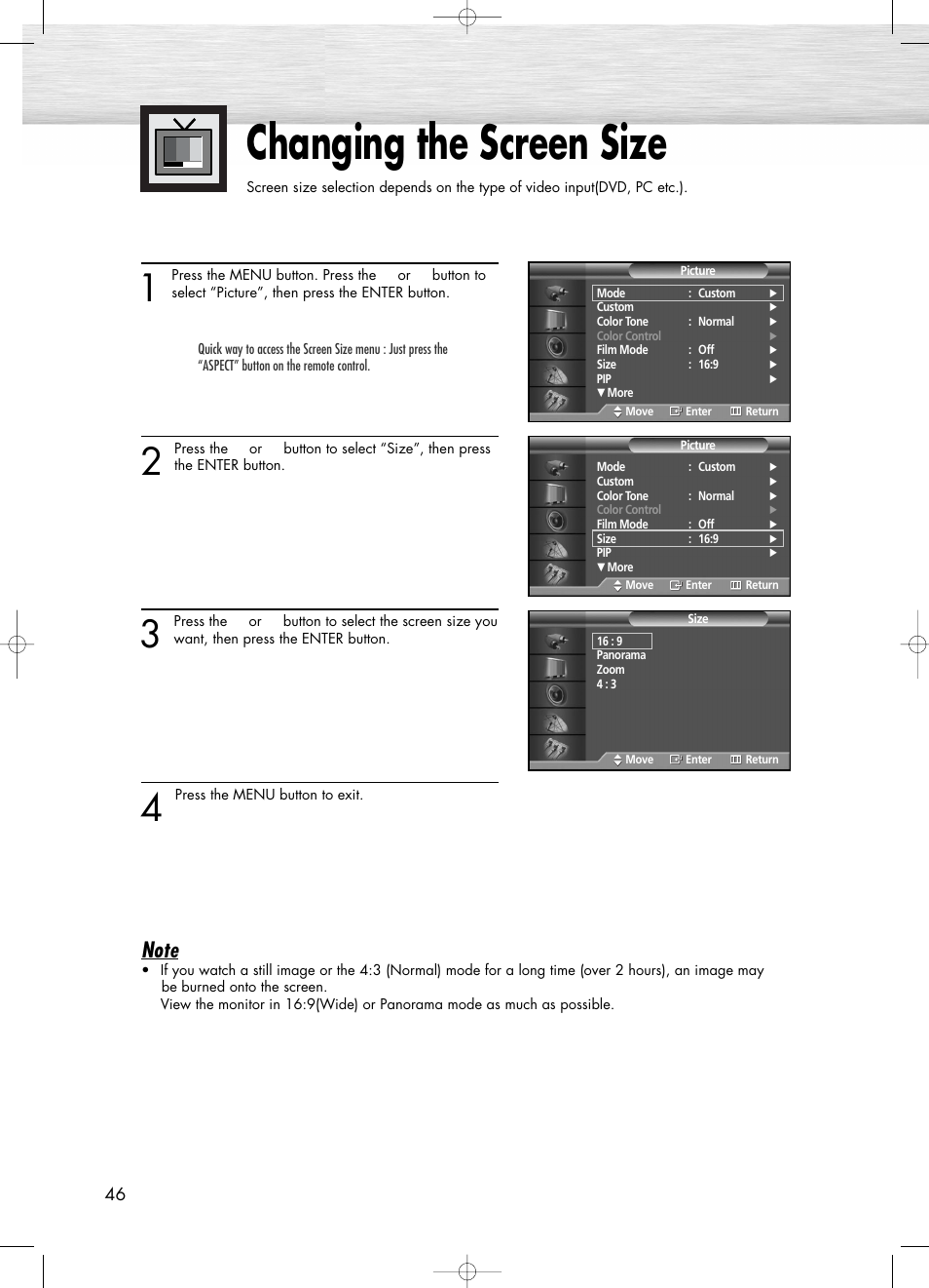 Changing the screen size | Samsung PL50D4HX-STR User Manual | Page 46 / 112