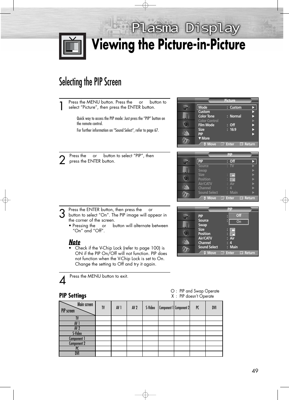 Viewing the picture-in-picture, Selecting the pip screen, Pip settings | Samsung PL50D4HX-STR User Manual | Page 49 / 112