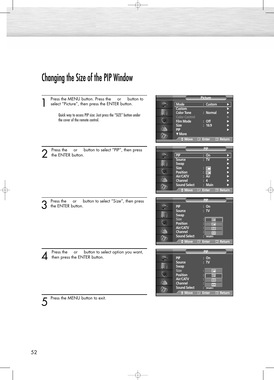 Changing the size of the pip window | Samsung PL50D4HX-STR User Manual | Page 52 / 112