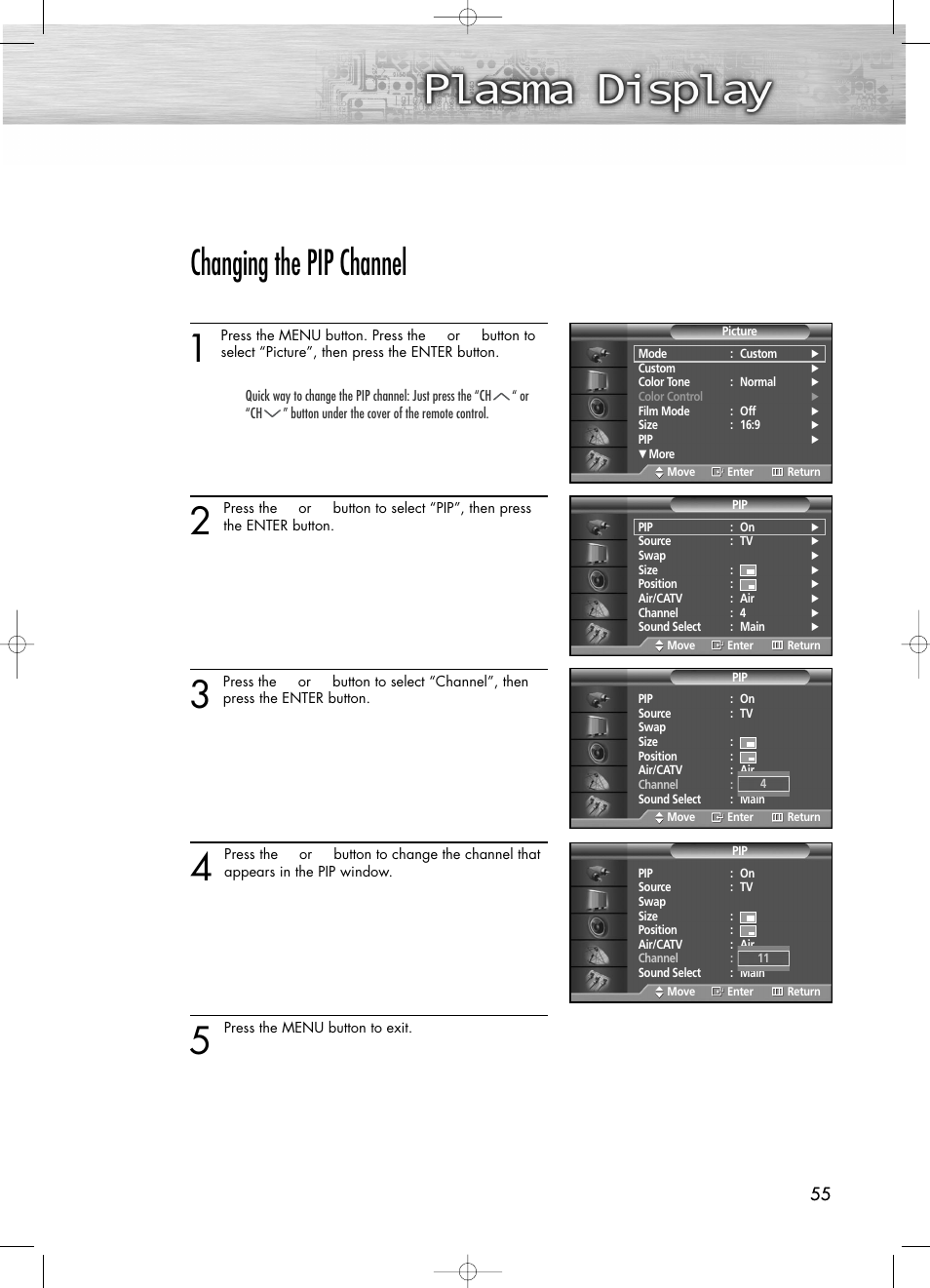 Changing the pip channel | Samsung PL50D4HX-STR User Manual | Page 55 / 112