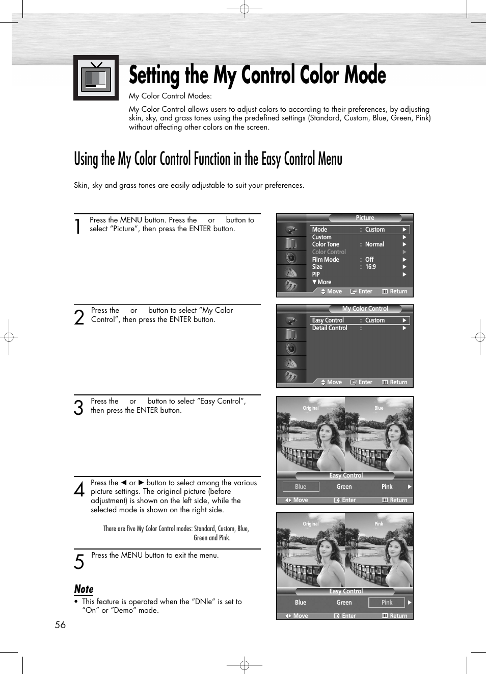 Setting the my control color mode | Samsung PL50D4HX-STR User Manual | Page 56 / 112