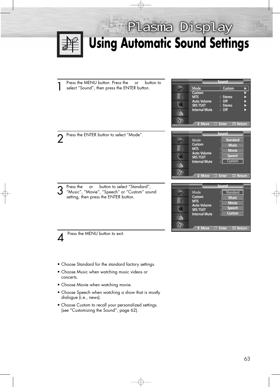 Using automatic sound settings | Samsung PL50D4HX-STR User Manual | Page 63 / 112
