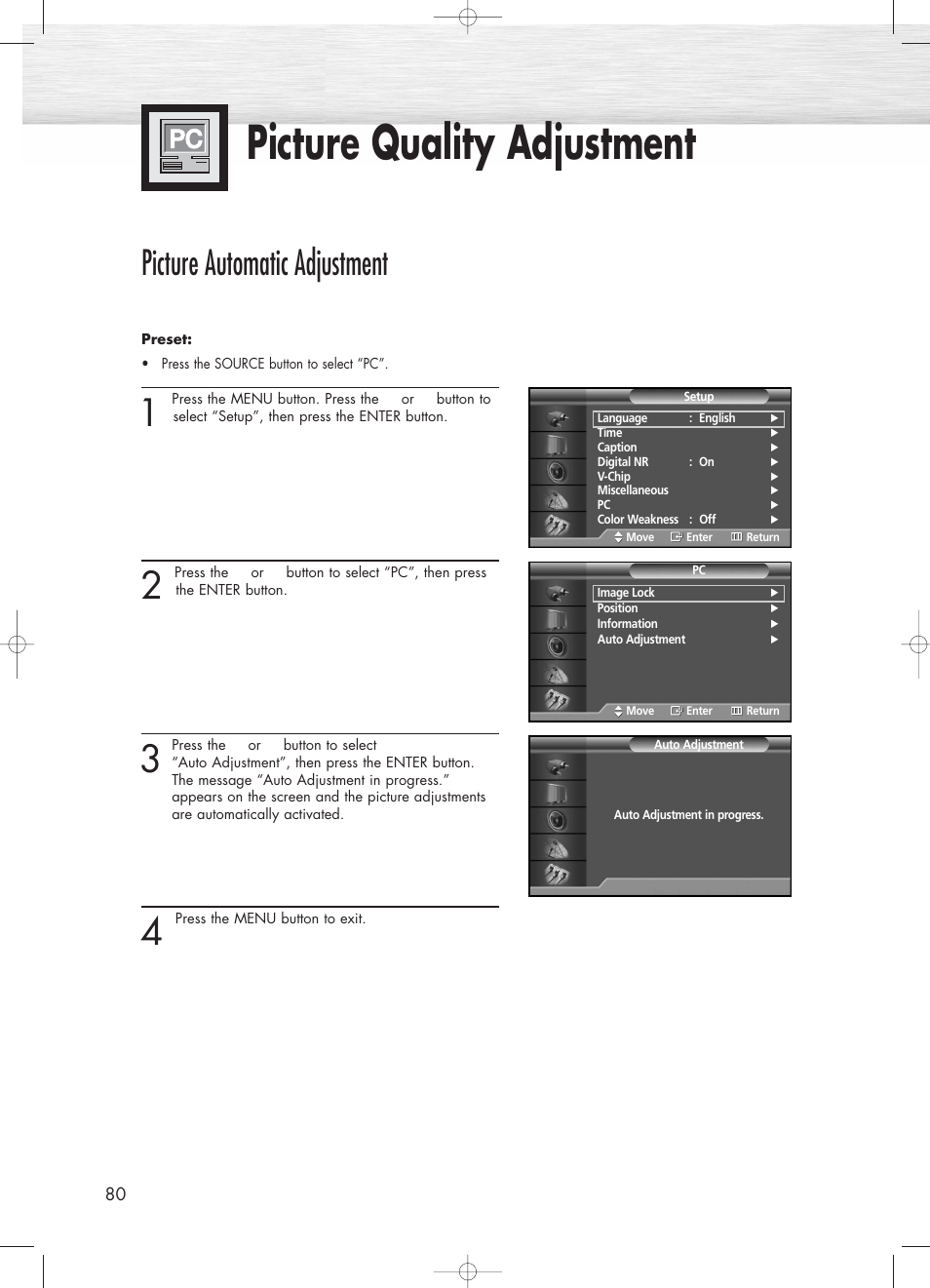 Picture quality adjustment, Picture automatic adjustment | Samsung PL50D4HX-STR User Manual | Page 80 / 112