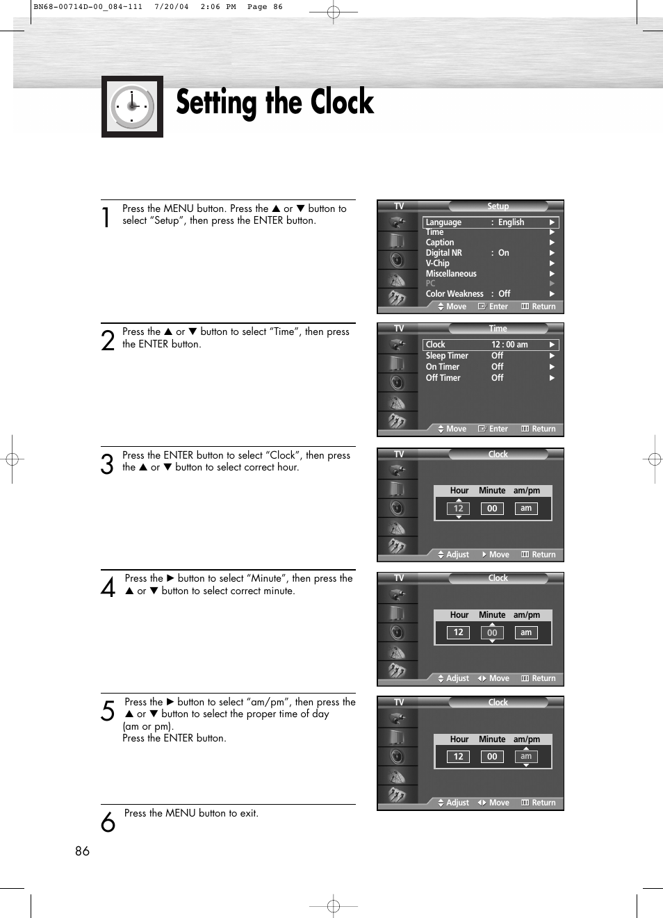 Setting the clock | Samsung PL50D4HX-STR User Manual | Page 86 / 112