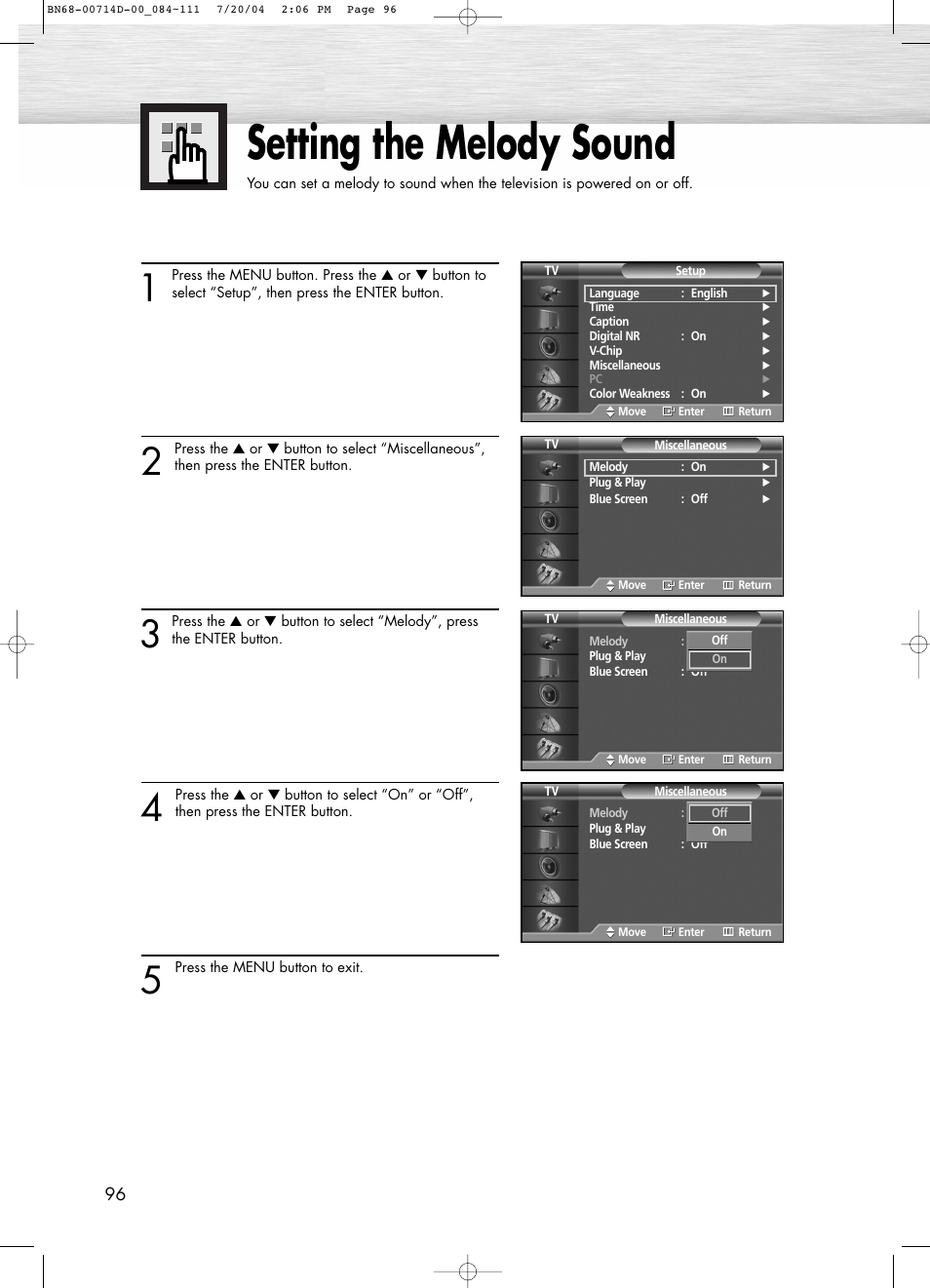 Setting the melody sound | Samsung PL50D4HX-STR User Manual | Page 96 / 112