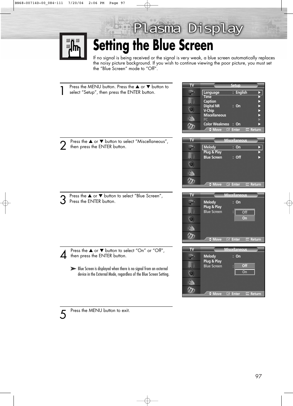 Setting the blue screen | Samsung PL50D4HX-STR User Manual | Page 97 / 112