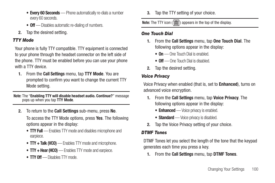 Tty mode, One touch dial, Voice privacy | Dtmf tones | Samsung SCH-R630LBAUSC User Manual | Page 103 / 139