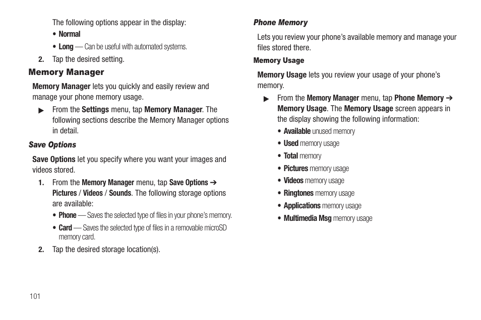 Memory manager, Save options, Phone memory | Memory usage | Samsung SCH-R630LBAUSC User Manual | Page 104 / 139