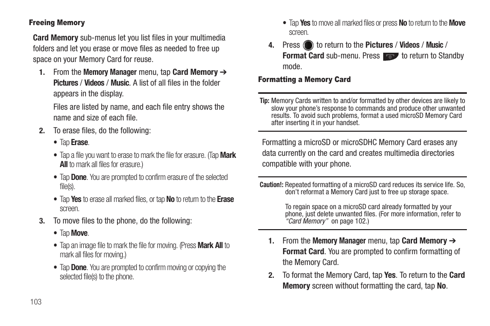 Freeing memory, Formatting a memory card | Samsung SCH-R630LBAUSC User Manual | Page 106 / 139