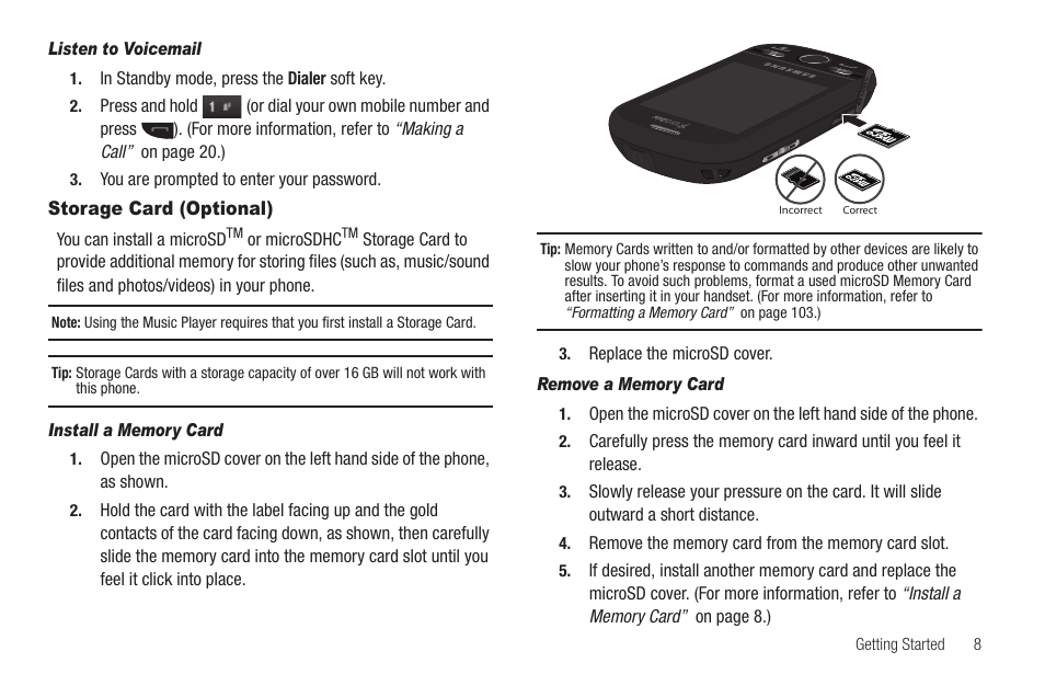 Listen to voicemail, Storage card (optional), Install a memory card | Remove a memory card | Samsung SCH-R630LBAUSC User Manual | Page 11 / 139