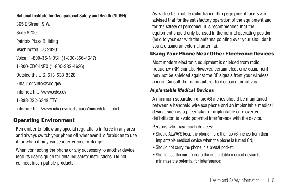 Operating environment, Using your phone near other electronic devices, Implantable medical devices | Samsung SCH-R630LBAUSC User Manual | Page 119 / 139
