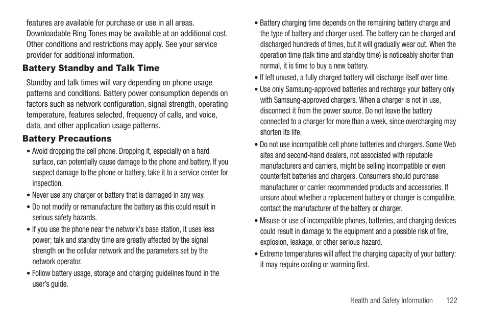 Battery standby and talk time, Battery precautions, Battery standby and talk time battery precautions | Samsung SCH-R630LBAUSC User Manual | Page 125 / 139