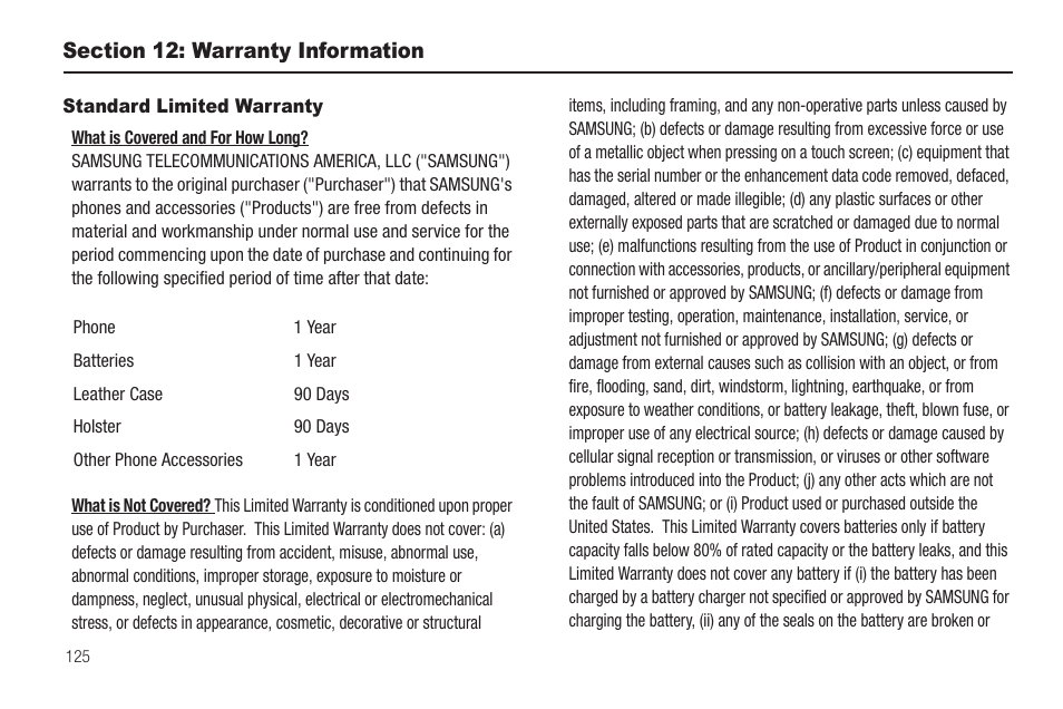 Section 12: warranty information, Standard limited warranty | Samsung SCH-R630LBAUSC User Manual | Page 128 / 139