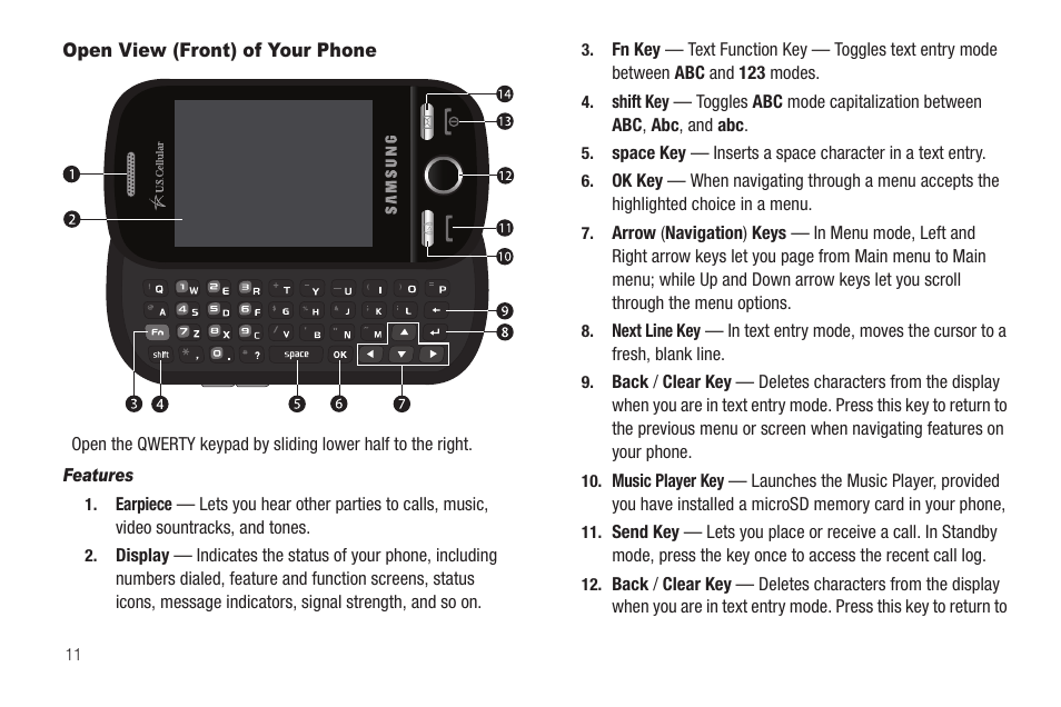Open view (front) of your phone, Features | Samsung SCH-R630LBAUSC User Manual | Page 14 / 139