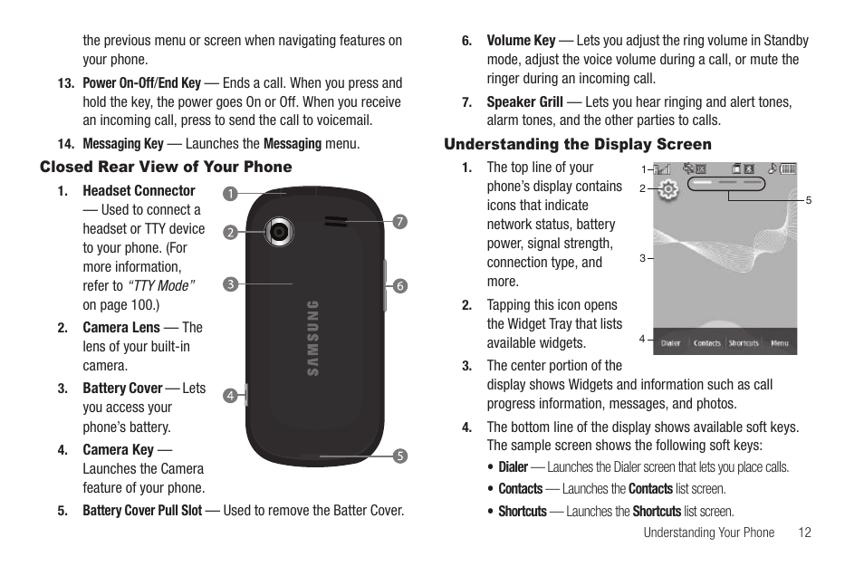 Closed rear view of your phone, Understanding the display screen | Samsung SCH-R630LBAUSC User Manual | Page 15 / 139