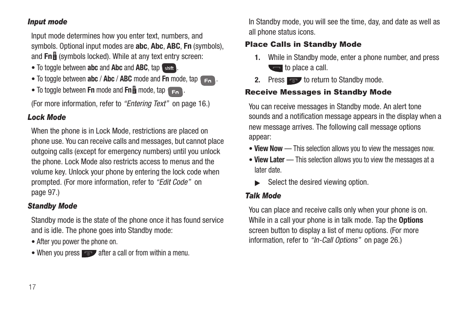 Input mode, Lock mode, Standby mode | Place calls in standby mode, Receive messages in standby mode, Talk mode | Samsung SCH-R630LBAUSC User Manual | Page 20 / 139